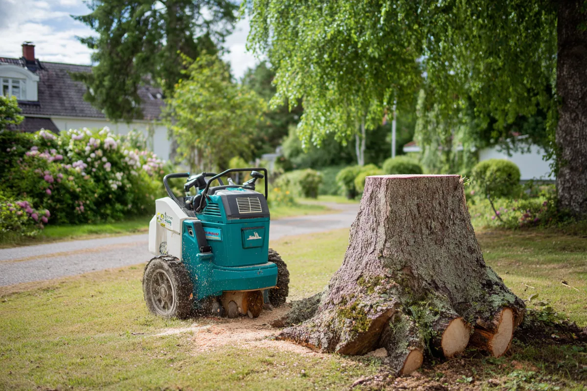 Træstub i græsplænen efter træfældning i Vordingborg, klar til stubfræsning